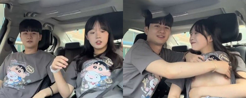 韩国素人小情侣 车内穿着蜡笔小新t恤吃奶子 带着眼罩口交后入无套爆操